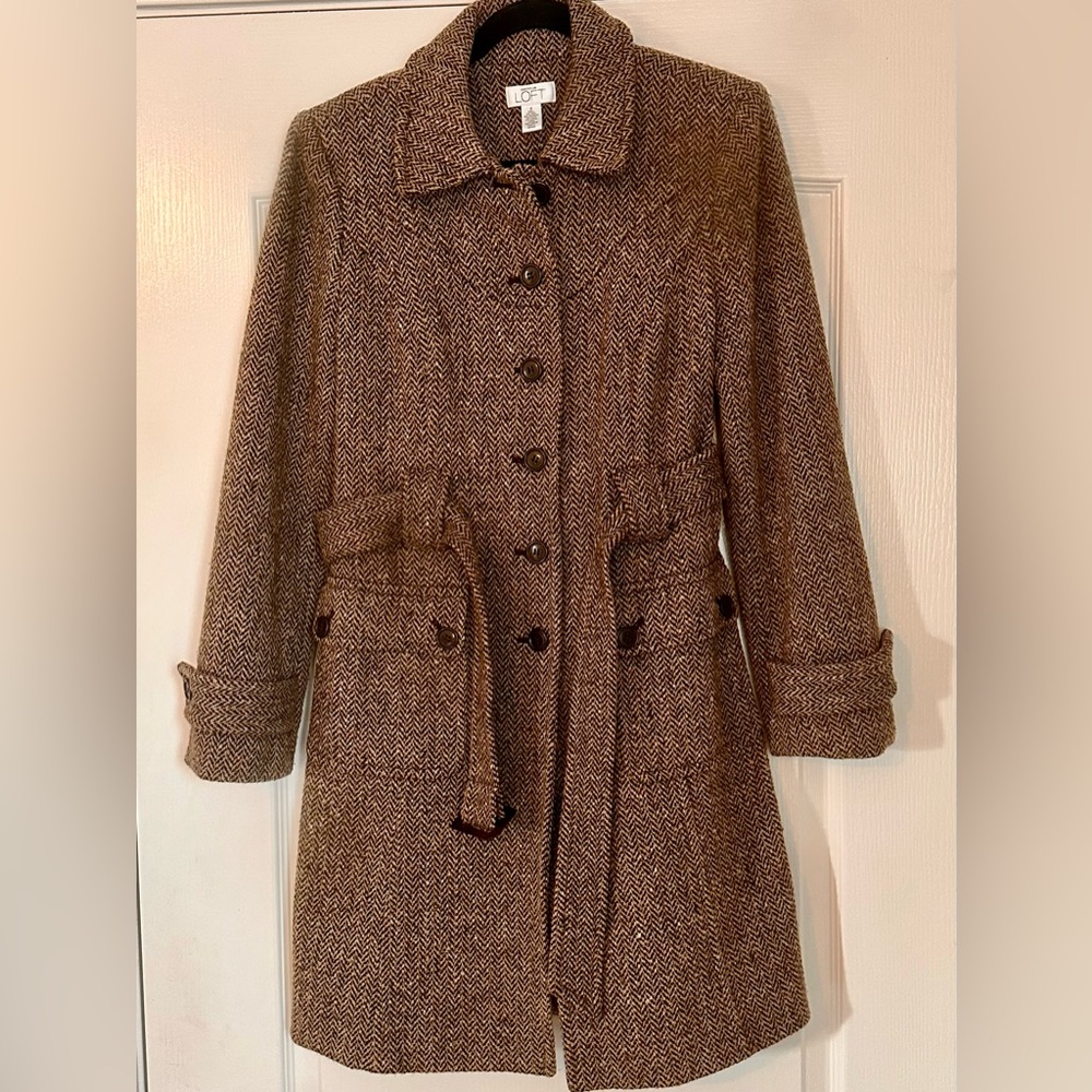LOFT Brown Herringbone Belted Trench Coat